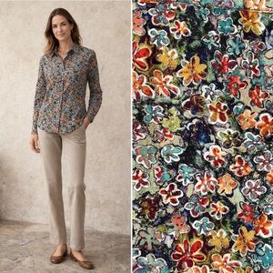 PERUVIAN CONNECTION Floral Button Up Shirt Cotton Blouse Office Casual Travel L